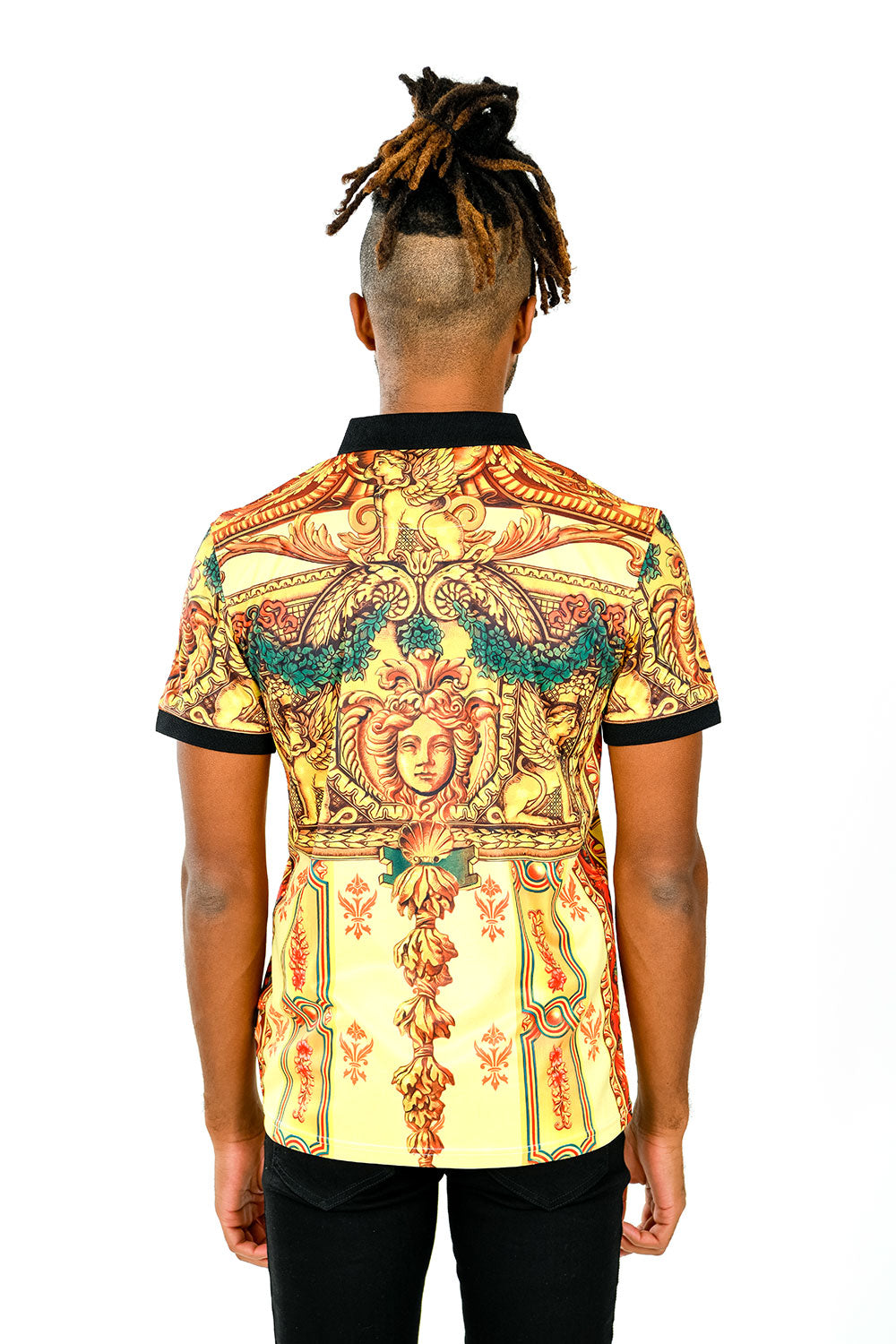 BARABAS Men's Printed Medusa Floral Gold Polo Shirts PSP2008