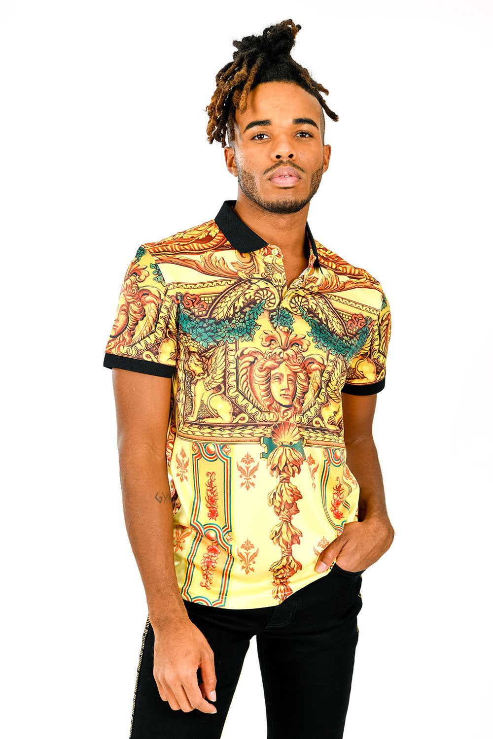 BARABAS Men's Printed Medusa Floral Gold Polo Shirts PSP2008