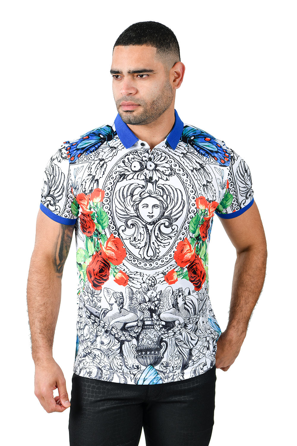 Barabas Men's Medusa Floral White Black Polo Shirt PSP2009