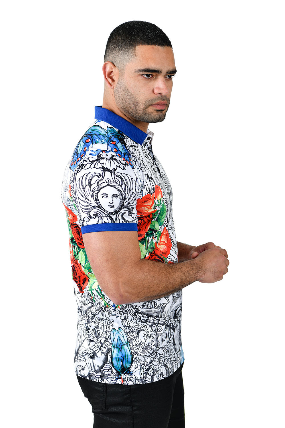 Barabas Men's Medusa Floral White Black Polo Shirt PSP2009