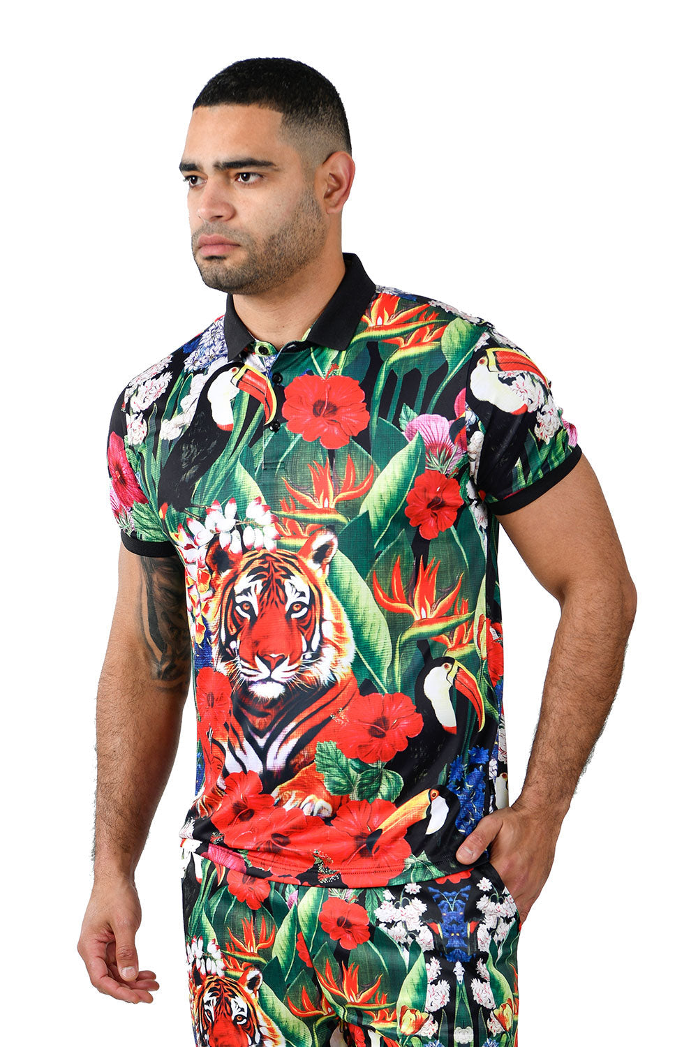 BARABAS Men's Printed Tiger Floral Toucan Polo Shirts PSP2011