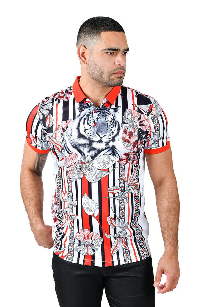 Barabas men's printed tiger floral, striped polo shirt PSP2012