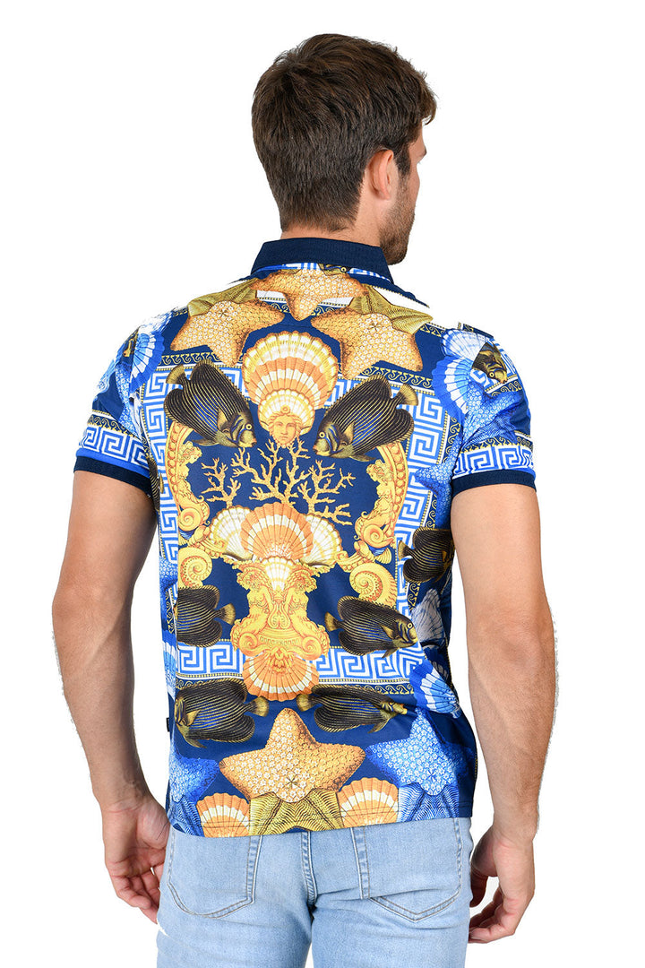Barabas Men's Medusa Floral Greek Pattern Ocean Polo Shirt PSP2014 blue