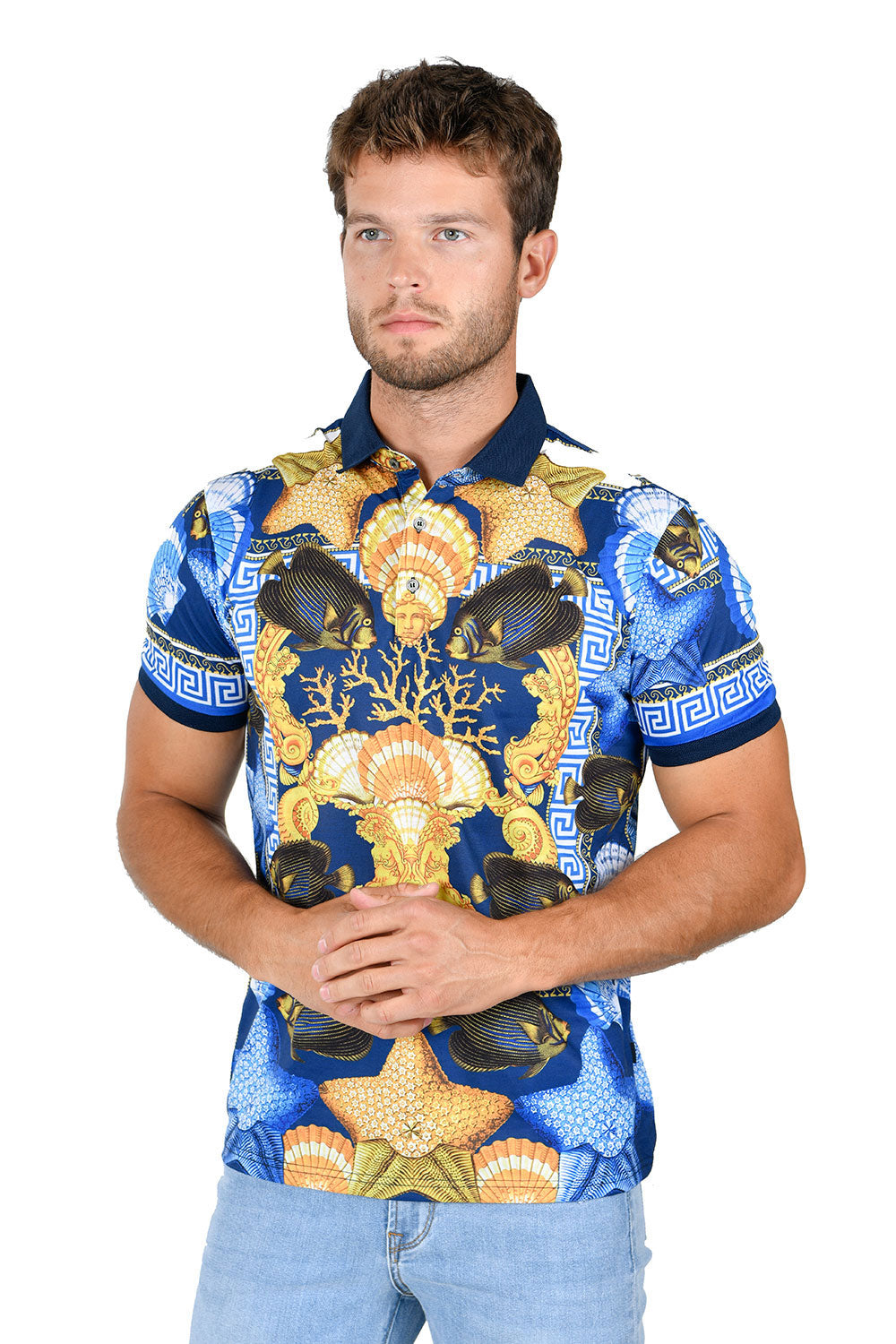 Barabas Men's Medusa Floral Greek Pattern Ocean Polo Shirt PSP2014 blue