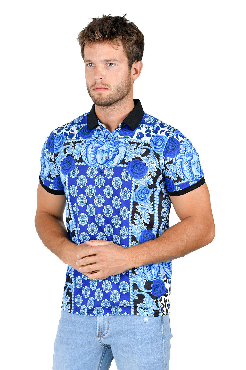 Barabas Men's Medusa Floral Rose Short Sleeve Polo Shirt PSP2015 Blue