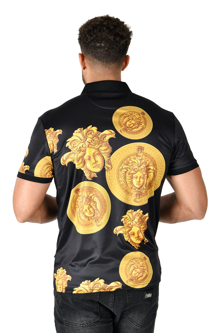 Barabas men's Medusa Greek Key Pattern Baroque Polo Shirt PSP2020 Black