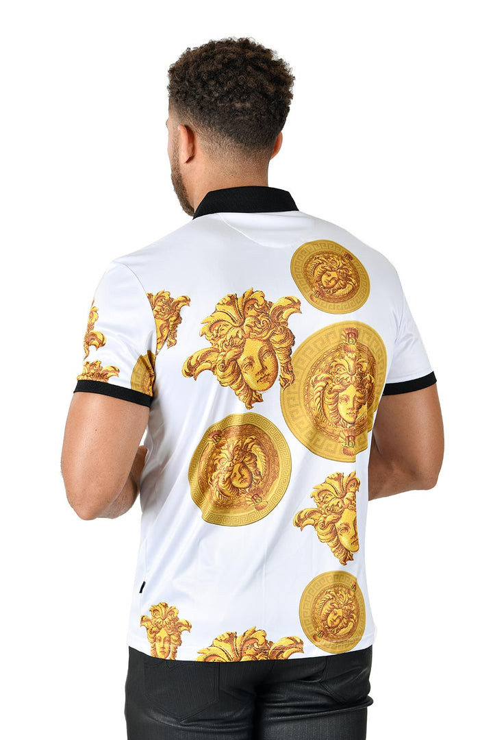 Barabas men's Medusa Greek Key Pattern Baroque Polo Shirt PSP2020 White