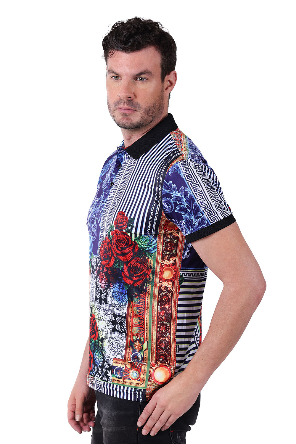 Barabas Men's Greek Key Rhinestone Floral Baroque Polo Shirt PSP2021