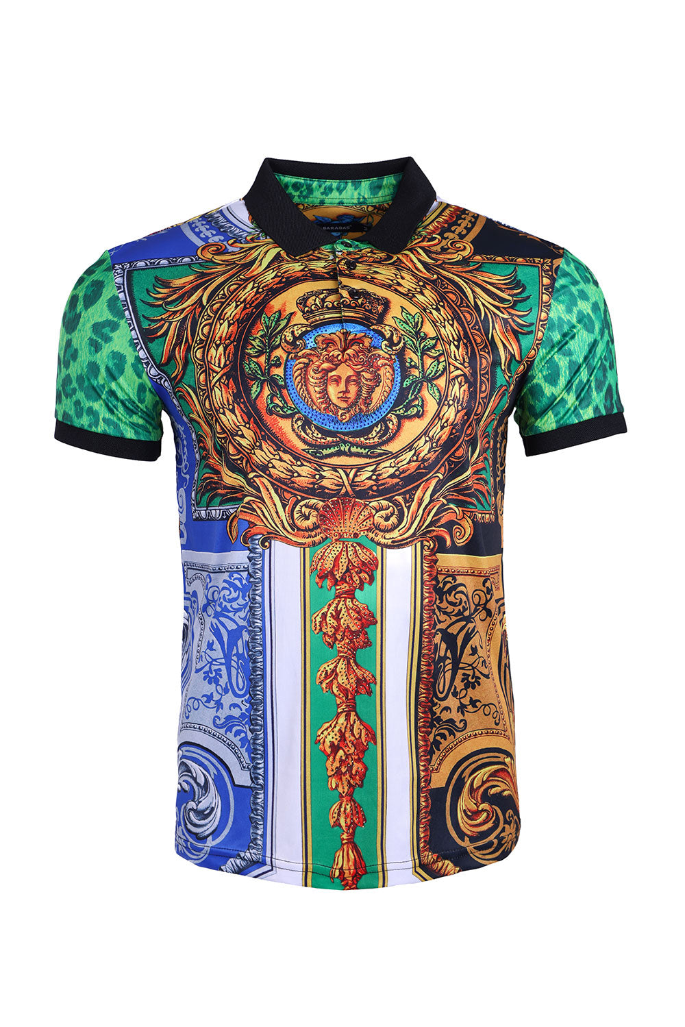 Barabas Men's Medusa Rhinestone Floral Baroque Polo Shirt PSP2022