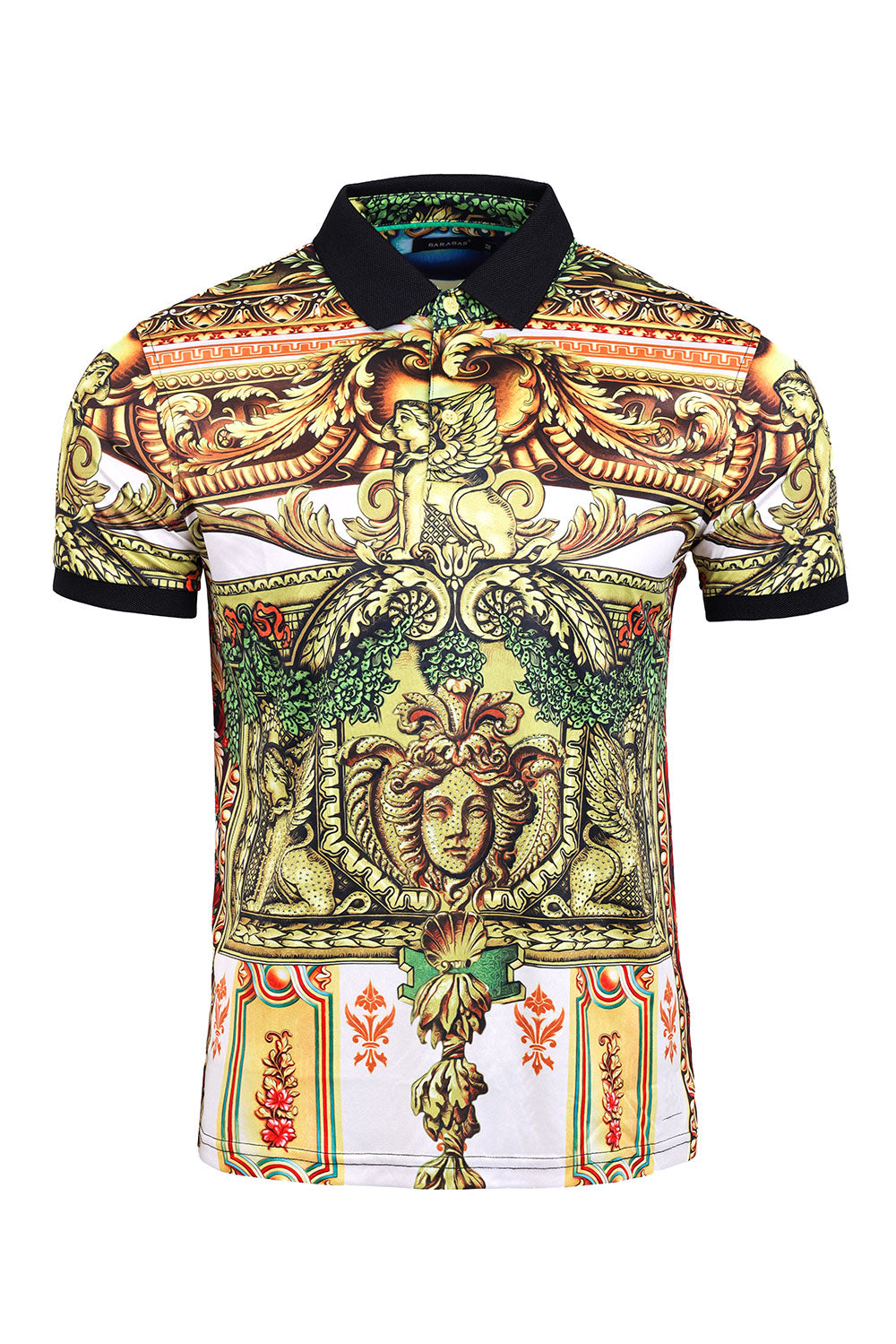 Barabas Men's Medusa Rhinestone Floral Baroque Short Sleeve PSP2023 Olive