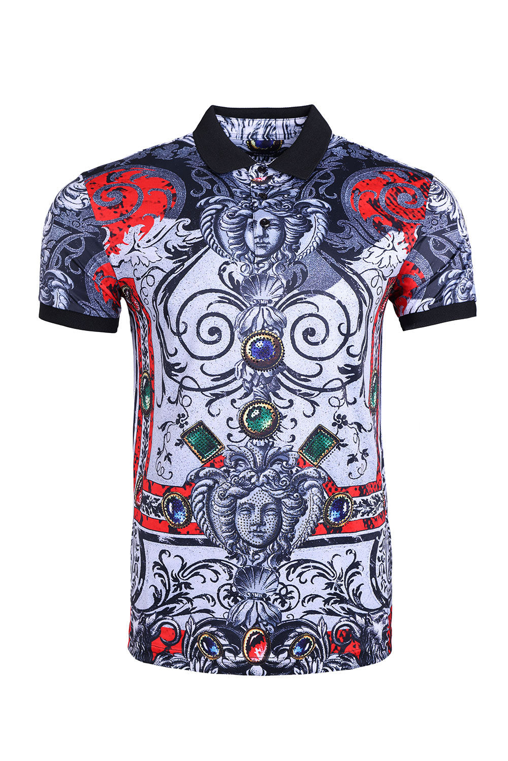 Barabas Men's Medusa Rhinestone Gem Printed Baroque Polo Shirt PSP2024 Black Red