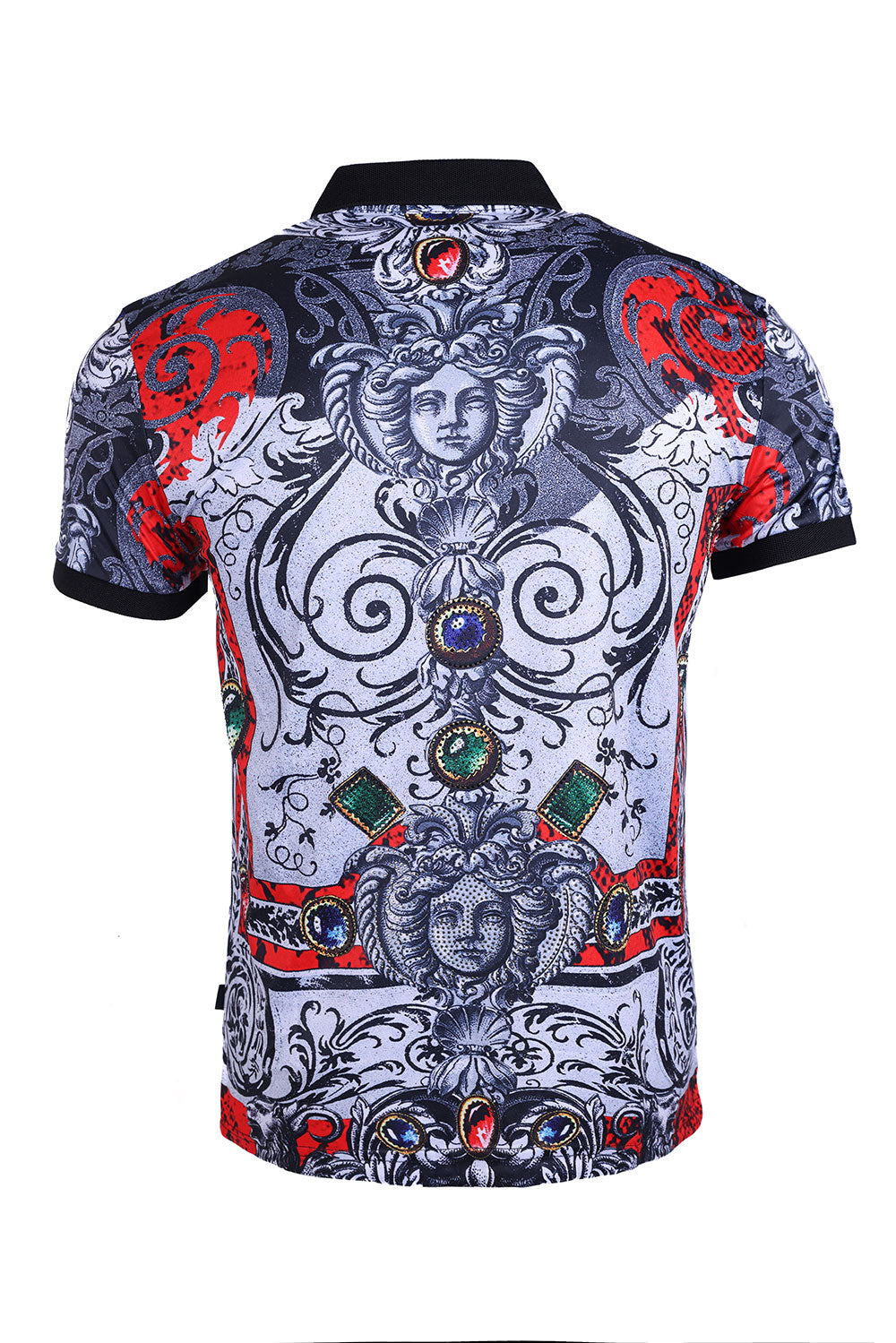 Barabas Men's Medusa Rhinestone Gem Printed Baroque Polo Shirt PSP2024 Black Red