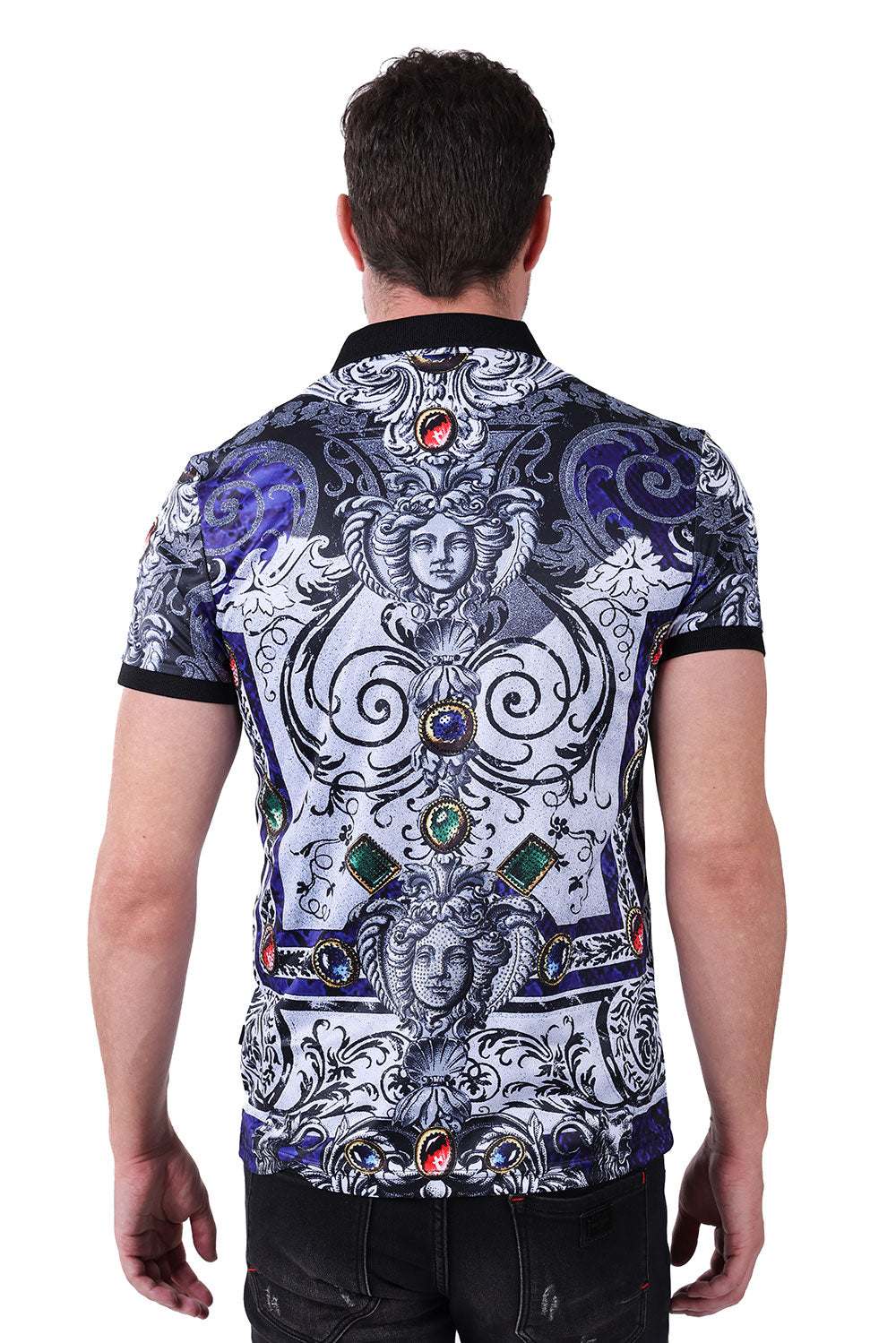 Barabas Men's Medusa Rhinestone Gem Printed Baroque Polo Shirt PSP2024 Black Royal