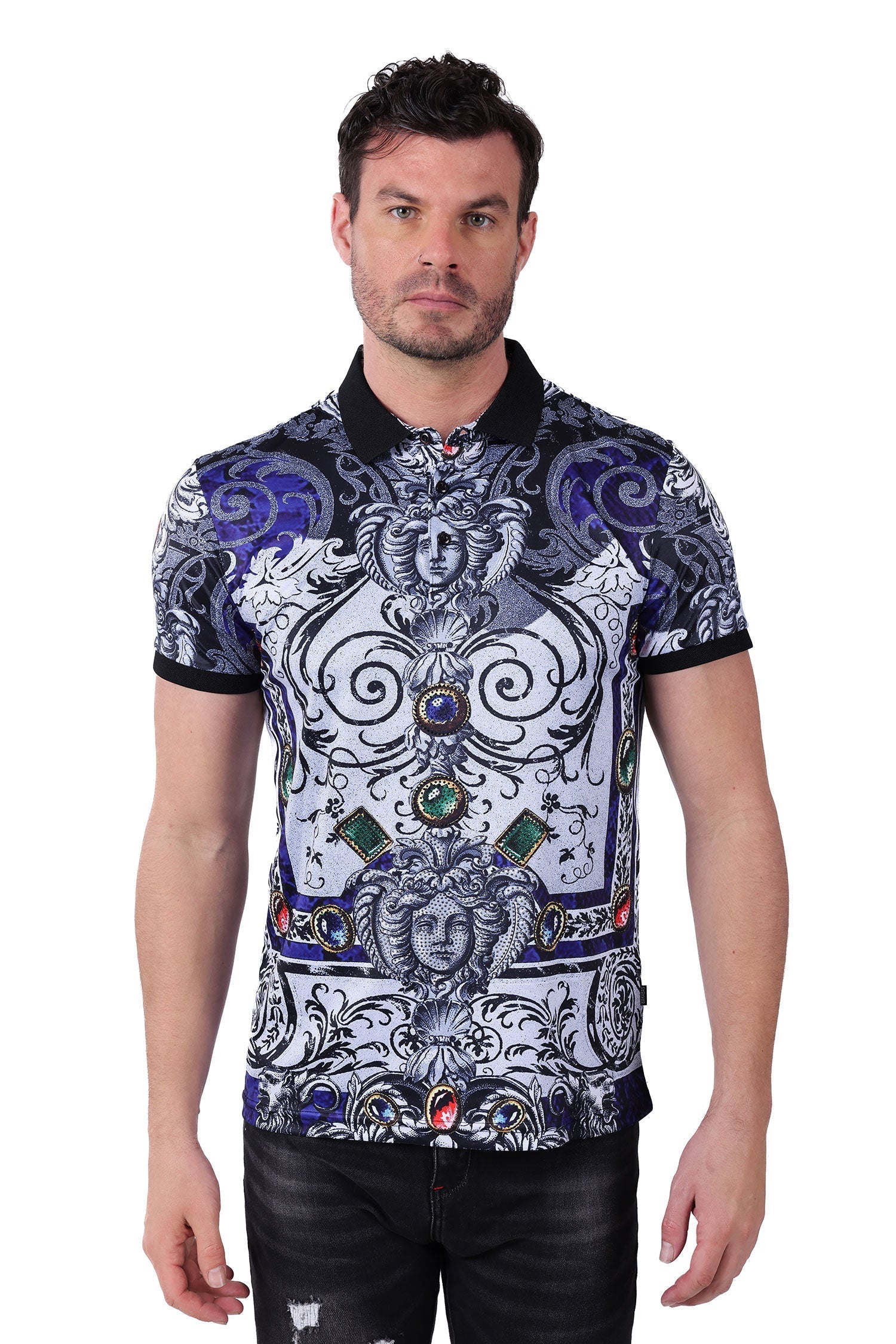 Barabas Men's Medusa Rhinestone Gem Printed Baroque Polo Shirt PSP2024 Black Royal