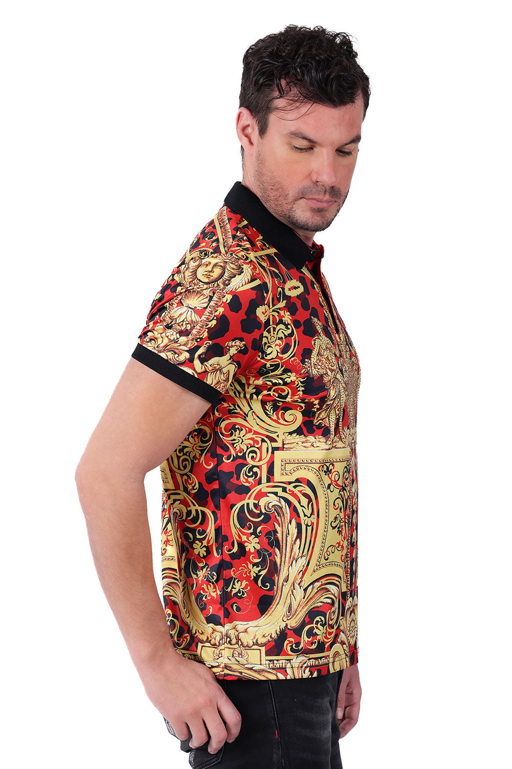 Barabas Men's Medusa Rhinestone Floral Baroque Polo Shirt PSP2025 Gold Red