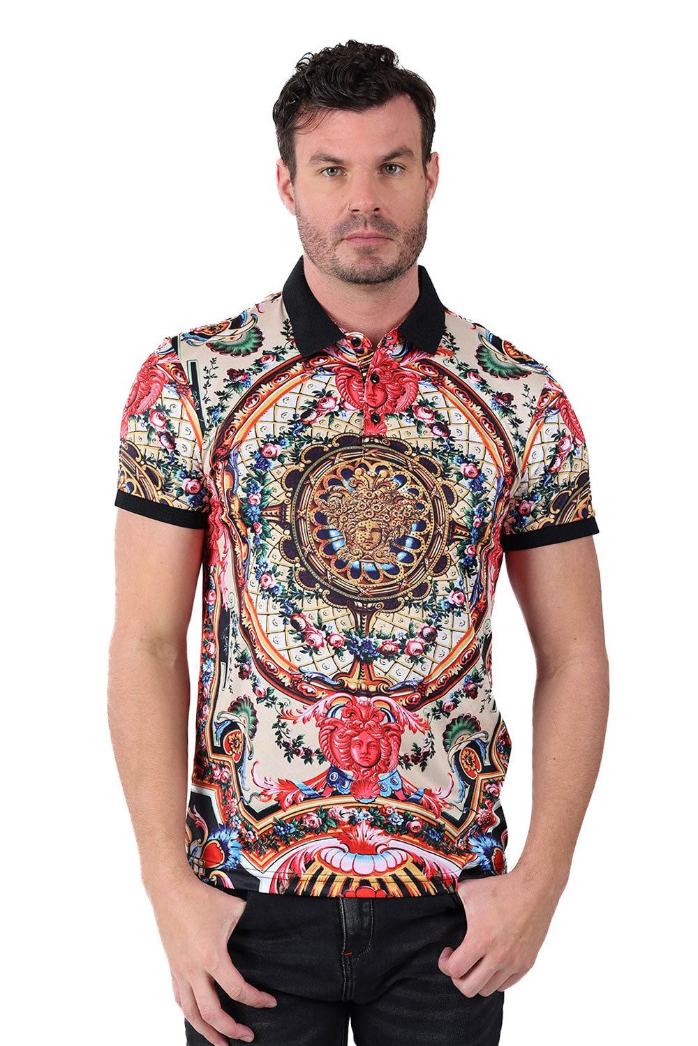 Barabas Men's Medusa Rhinestone Floral Baroque Polo Shirt PSP2026 ...