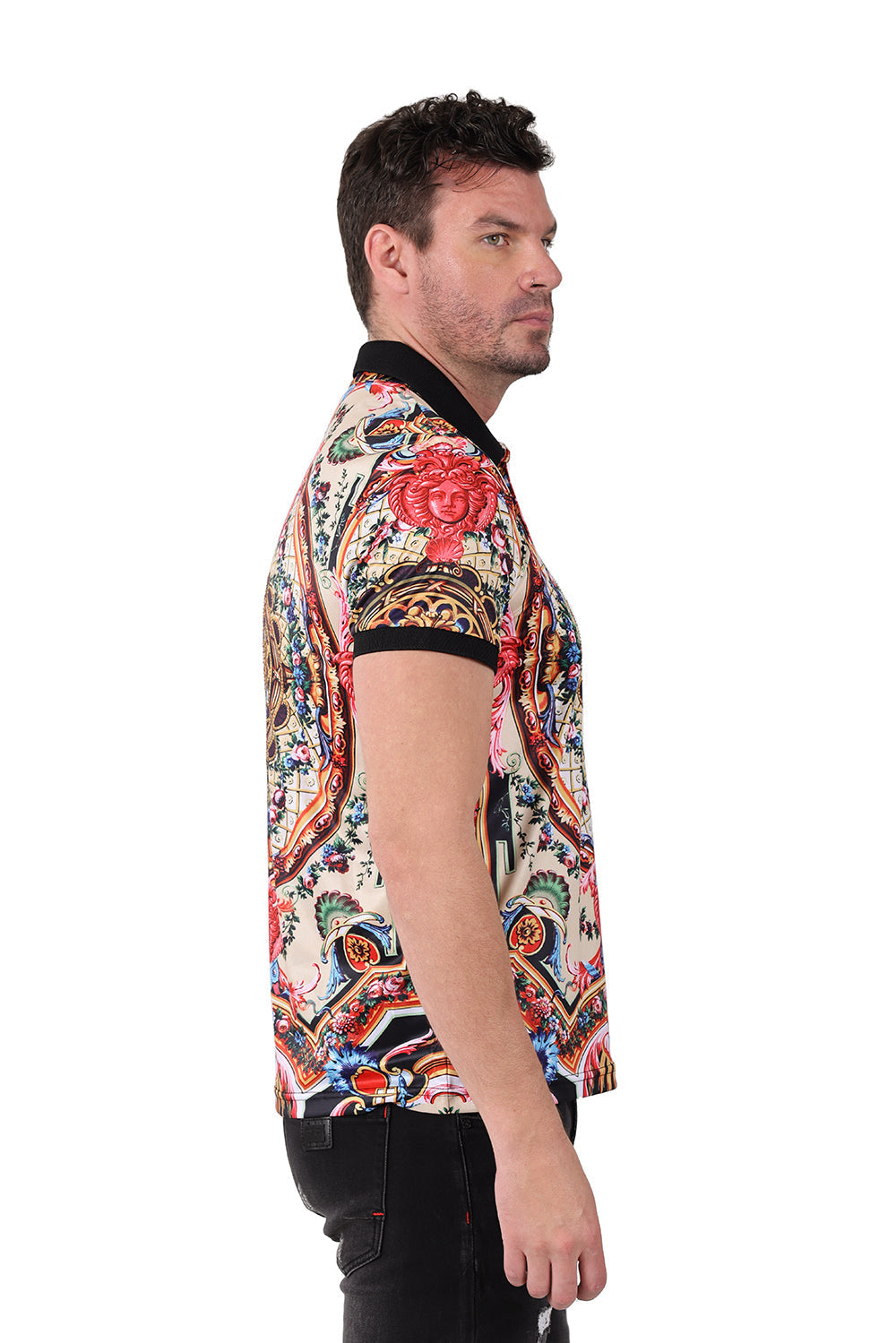Barabas Men's Medusa Rhinestone Floral Baroque Polo Shirt PSP2026