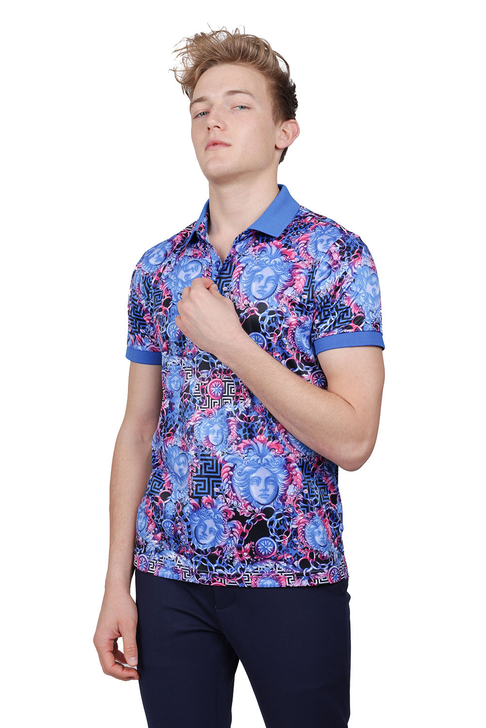 Barabas Men's Medusa Rhinestone Floral Baroque Polo Shirt PSP2028 Blue