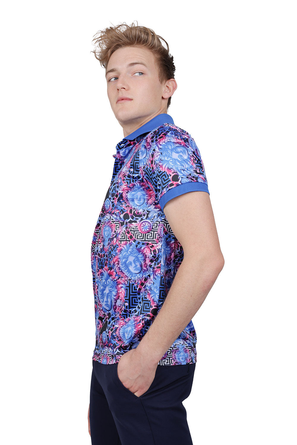 Barabas Men's Medusa Rhinestone Floral Baroque Polo Shirt PSP2028 Blue