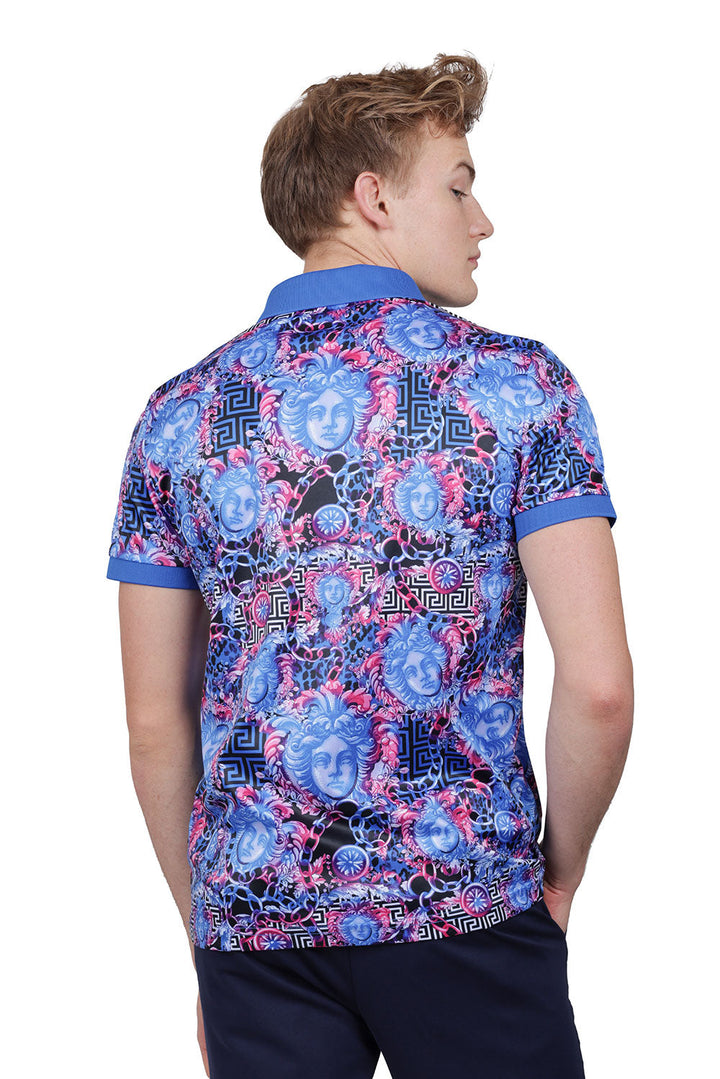 Barabas Men's Medusa Rhinestone Floral Baroque Polo Shirt PSP2028 Blue
