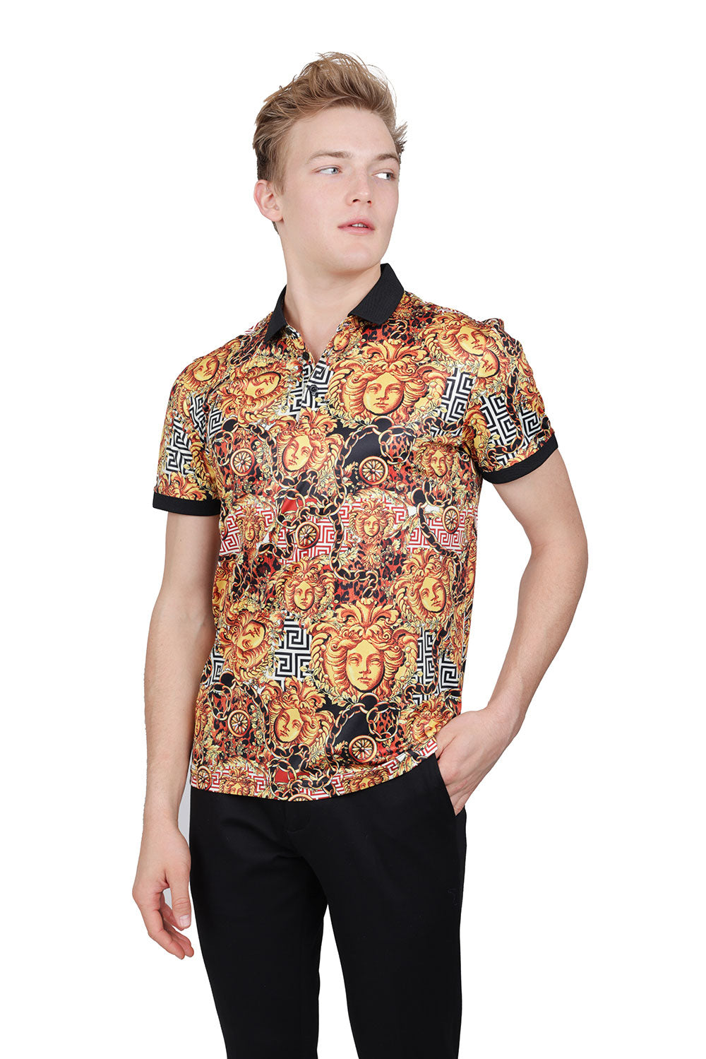 Barabas Men's Medusa Rhinestone Floral Baroque Polo Shirt PSP2028 Gold