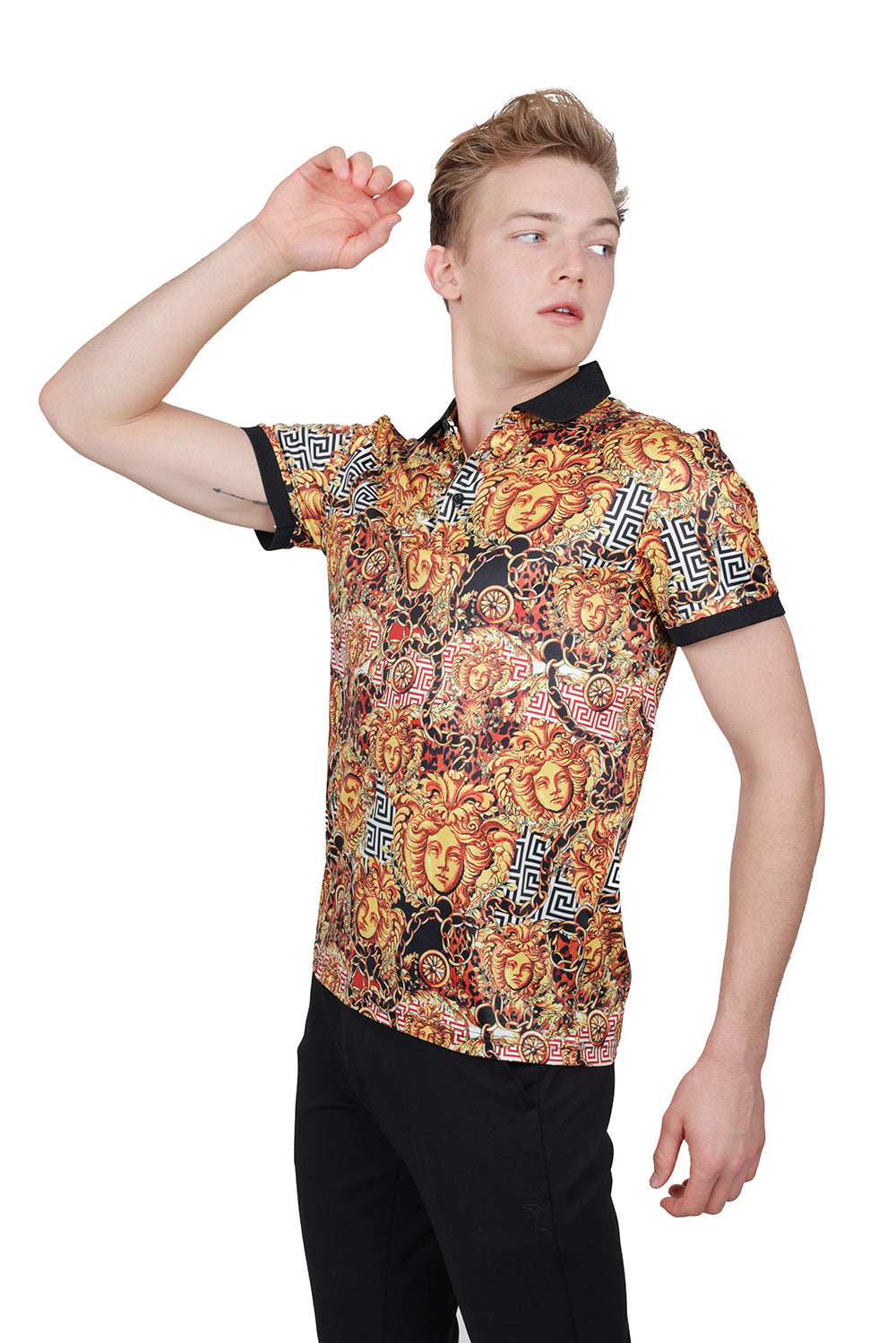 Barabas Men's Medusa Rhinestone Floral Baroque Polo Shirt PSP2028 Gold