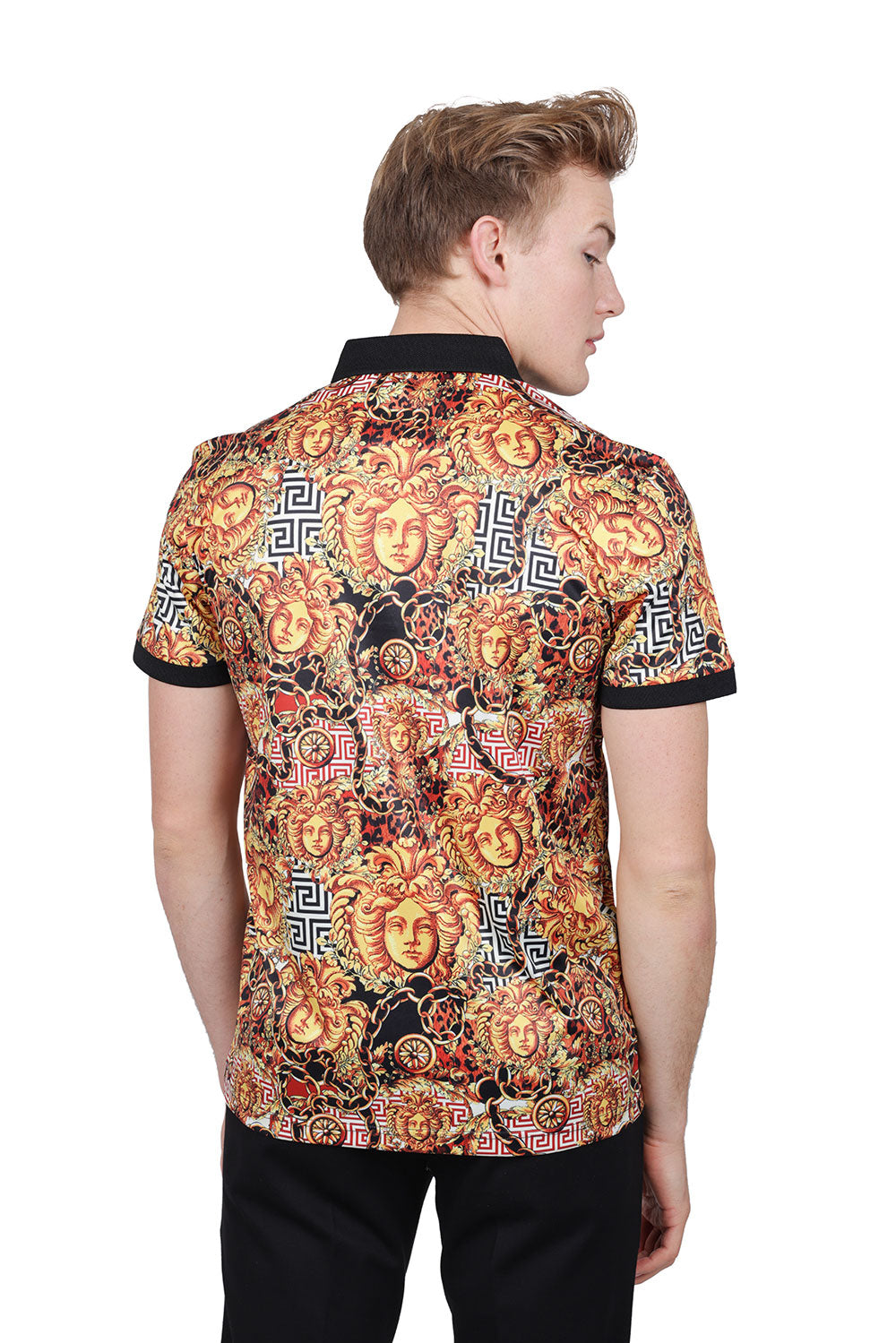 Barabas Men's Medusa Rhinestone Floral Baroque Polo Shirt PSP2028 Gold