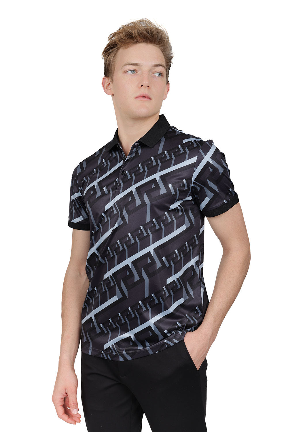 Barabas Men's Luxury Greek Key Pattern Baroque Polo Shirts PSP2030PSP2030 Black