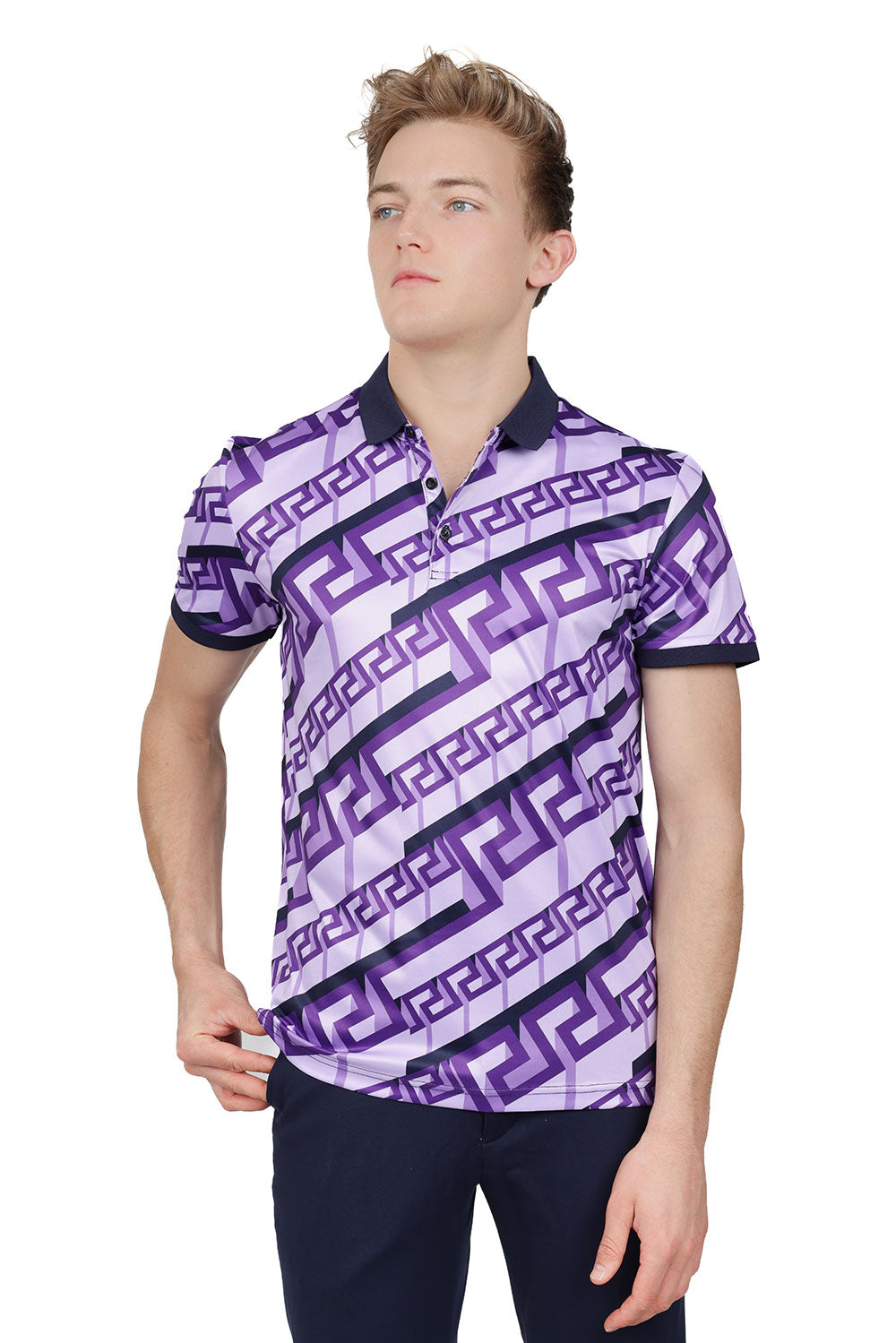 Barabas Men's Greek Key Printed Transparent Short Sleeve Shirt PSP2030 Lilac