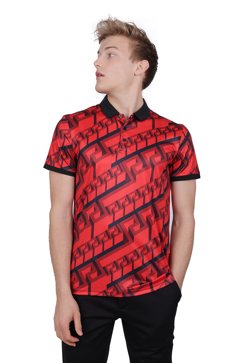 Barabas Men's Greek Key Printed Transparent Short Sleeve Shirt PSP2030 Red