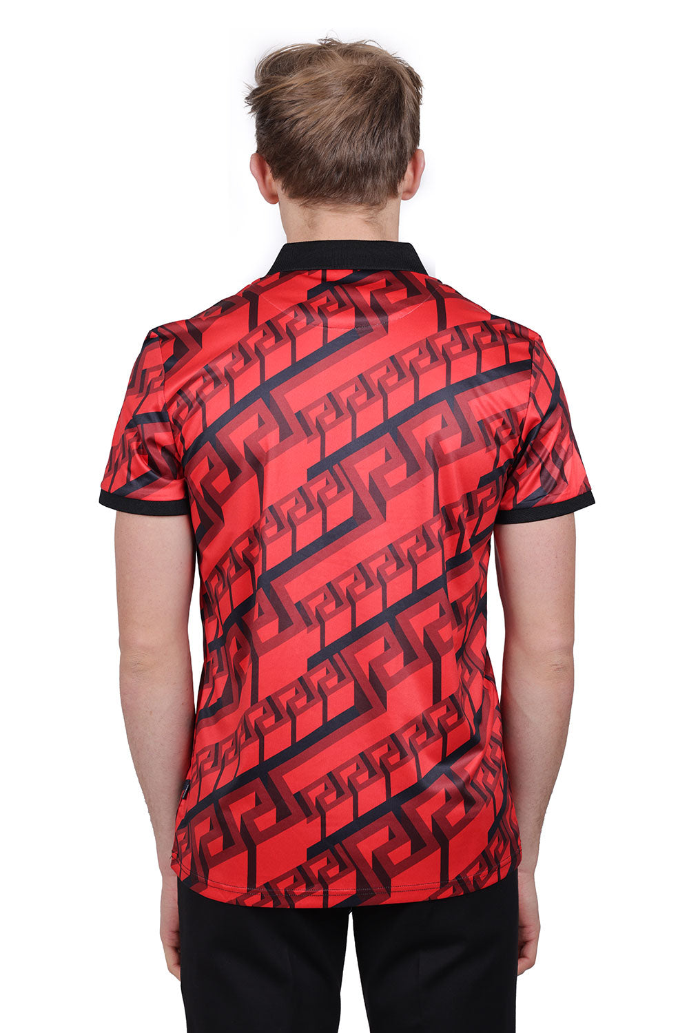 Barabas Men's Greek Key Printed Transparent Short Sleeve Shirt PSP2030 Red