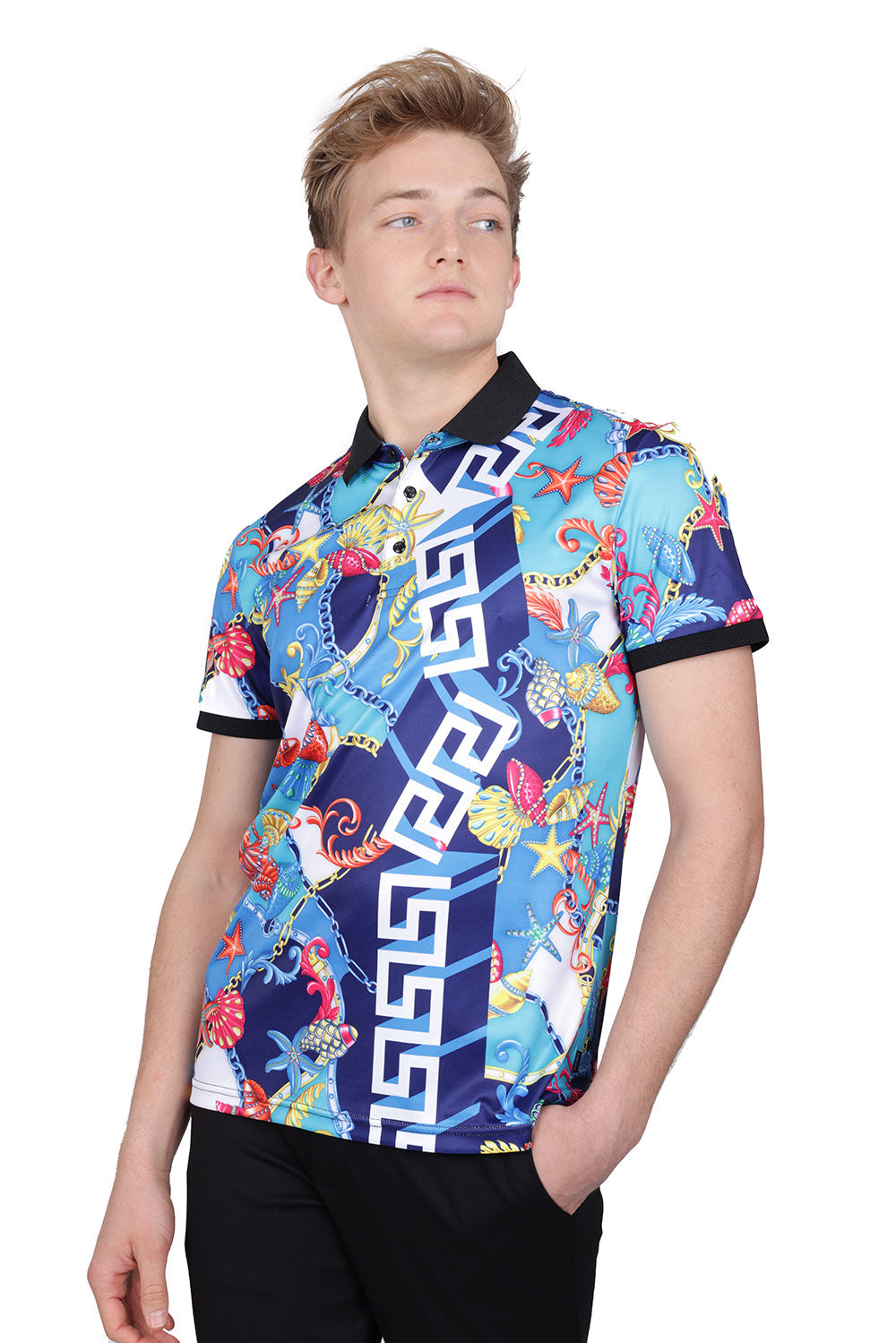 Barabas Men's Greek Pattern Baroque Seashells Polo Shirts PSP2030 Blue