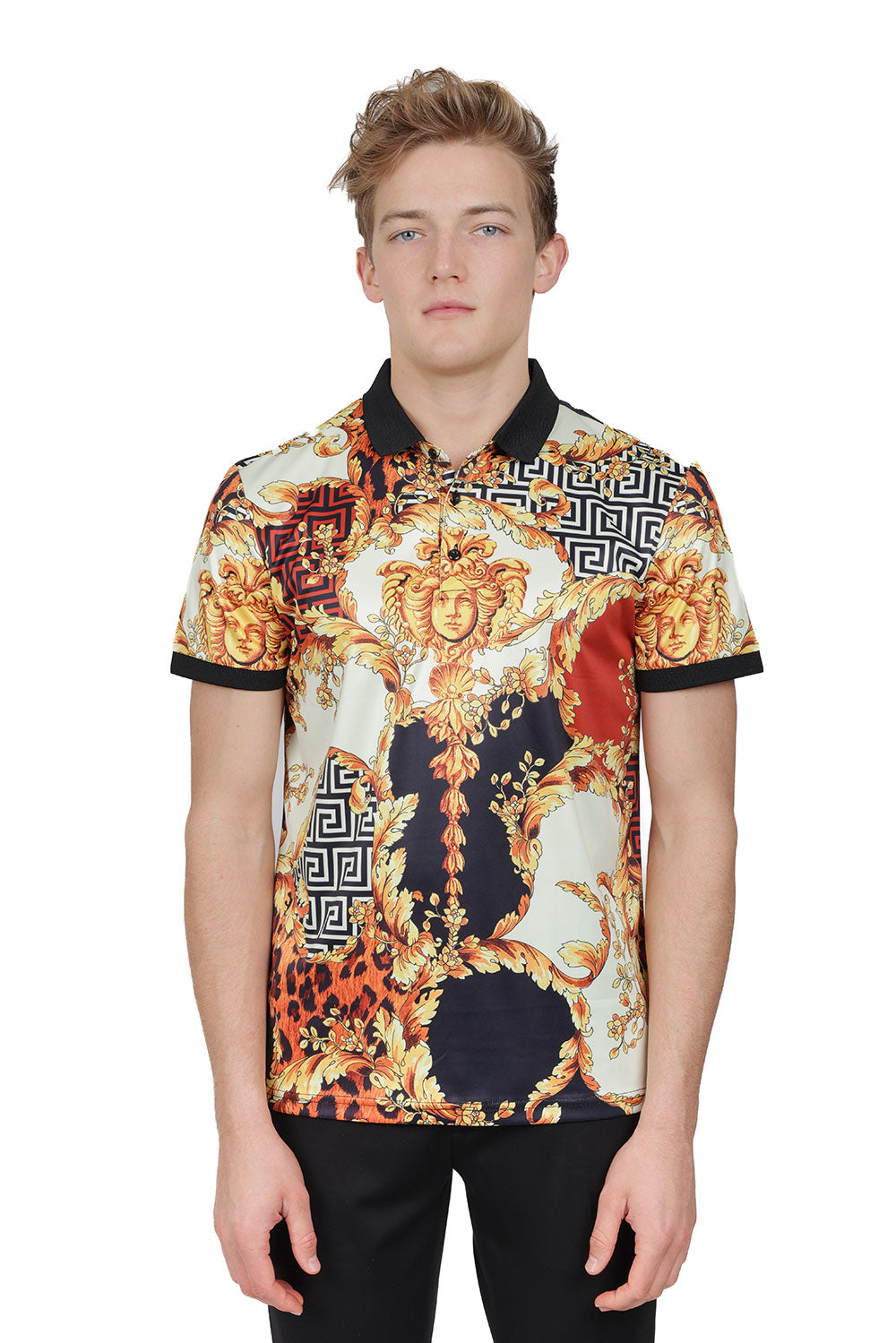 Barabas Men's Greek Pattern Baroque Medusa Floral Polo Shirts PSP2038 Gold