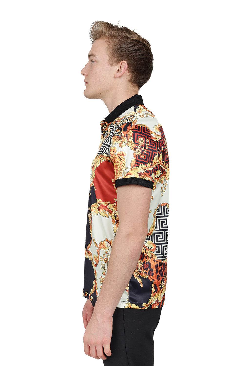 Barabas Men's Greek Pattern Baroque Medusa Floral Polo Shirts PSP2038 Gold