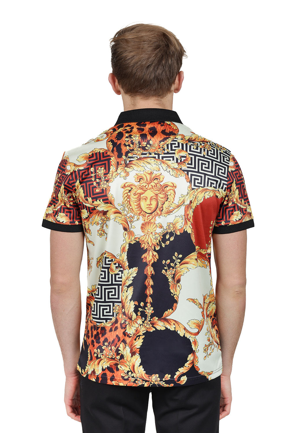 Barabas Men's Greek Pattern Baroque Medusa Floral Polo Shirts PSP2038 Gold