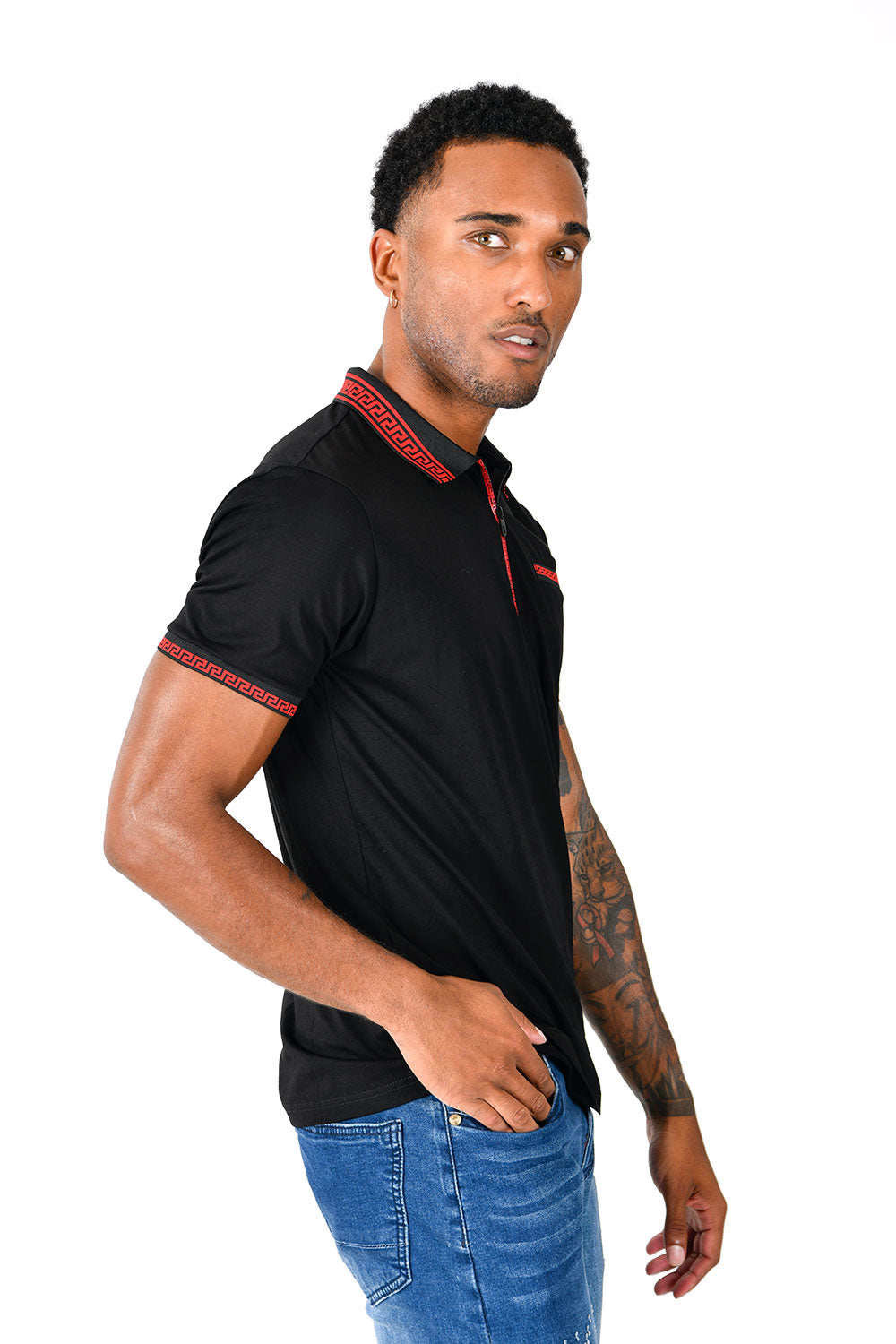 BARABAS Men's Greek Key Pattern Short Sleeve Polo shirts PSV110 Black red