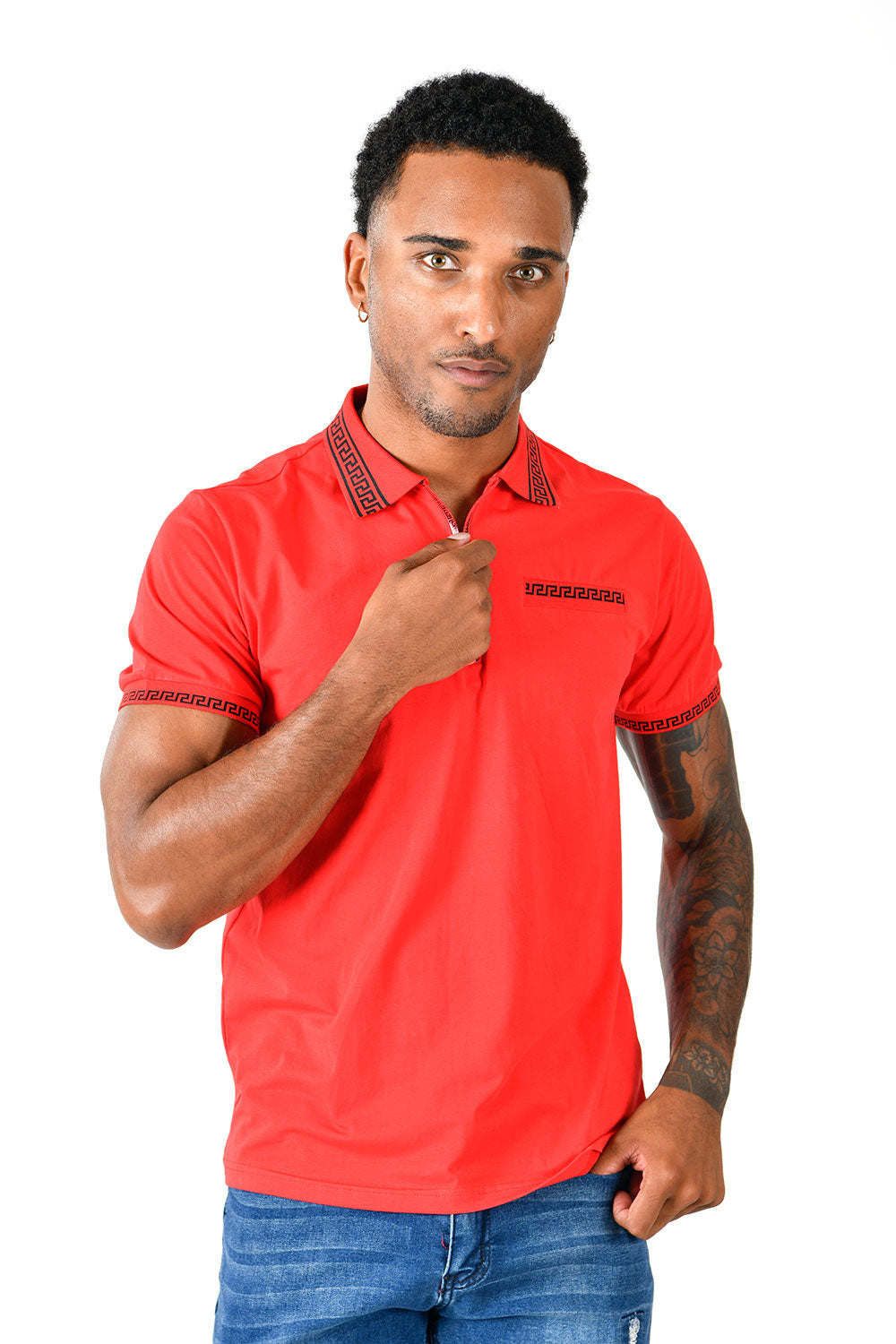 BARABAS Men's Greek Key Pattern Short Sleeve Polo shirts PSV110 Red Black