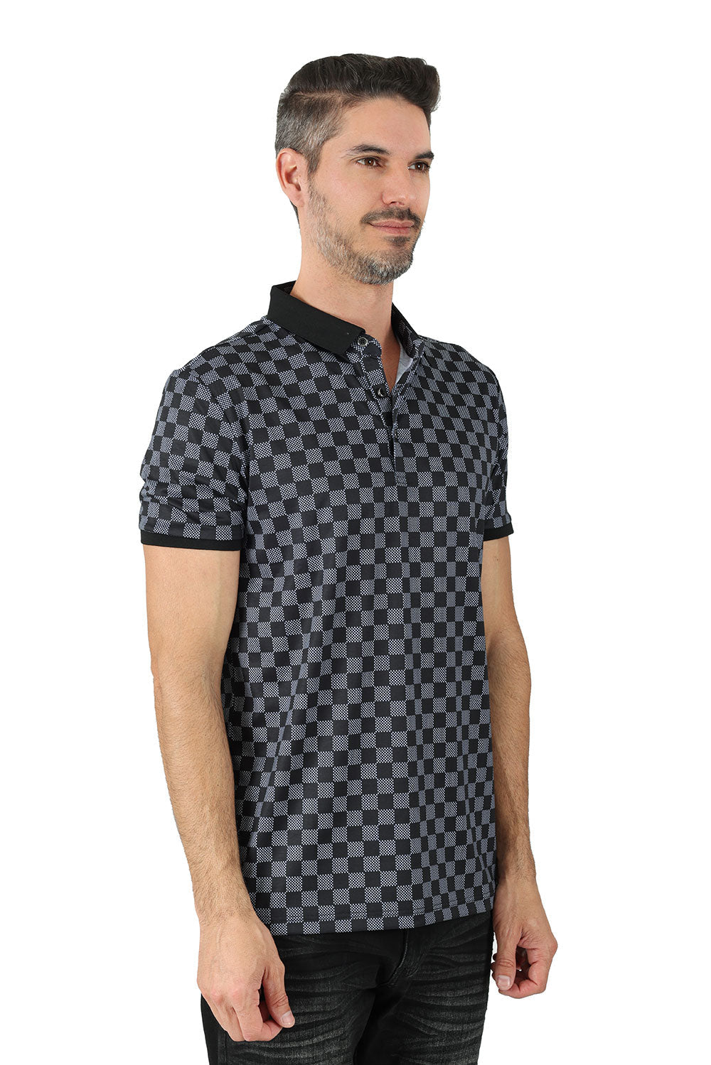 Vassari men's checkered plaid printed short-sleeve polo shirt PSV124Black