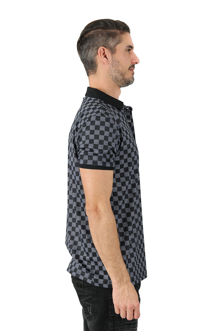 Vassari men's checkered plaid printed short-sleeve polo shirt PSV124 Black
