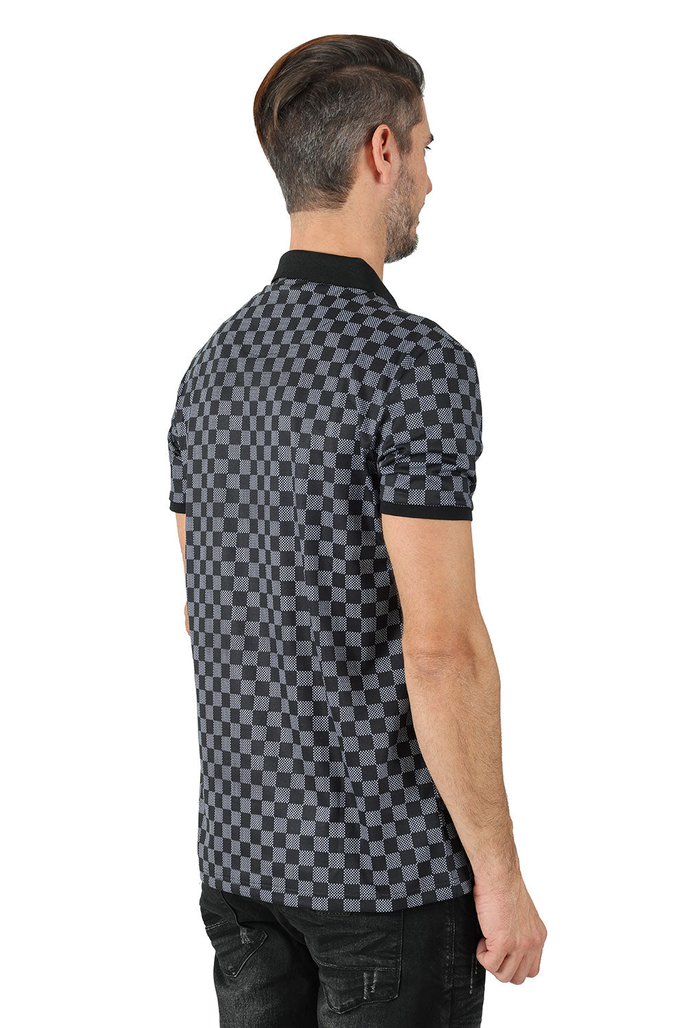 Vassari men's checkered plaid printed short-sleeve polo shirt PSV124 Black