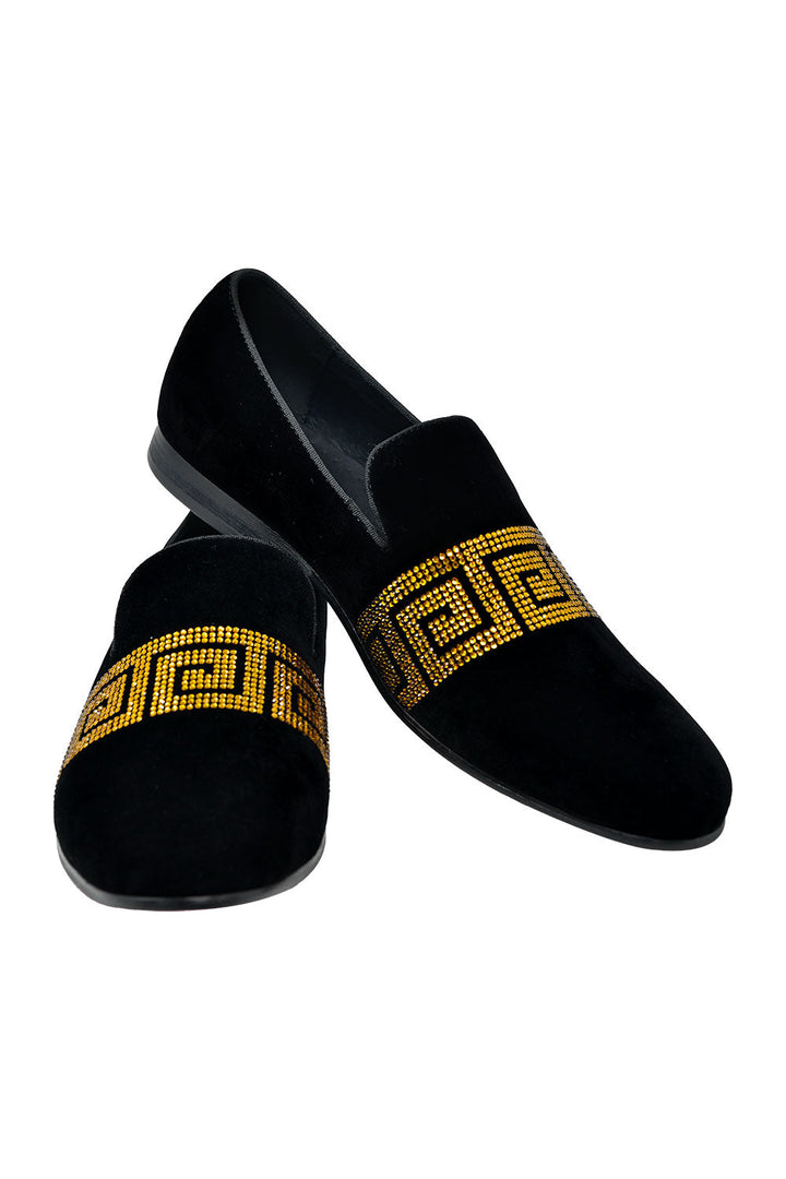 BARABAS Men's Rhinestone Greek key Pattern Slip On Dress Shoes SH3067 Black Gold