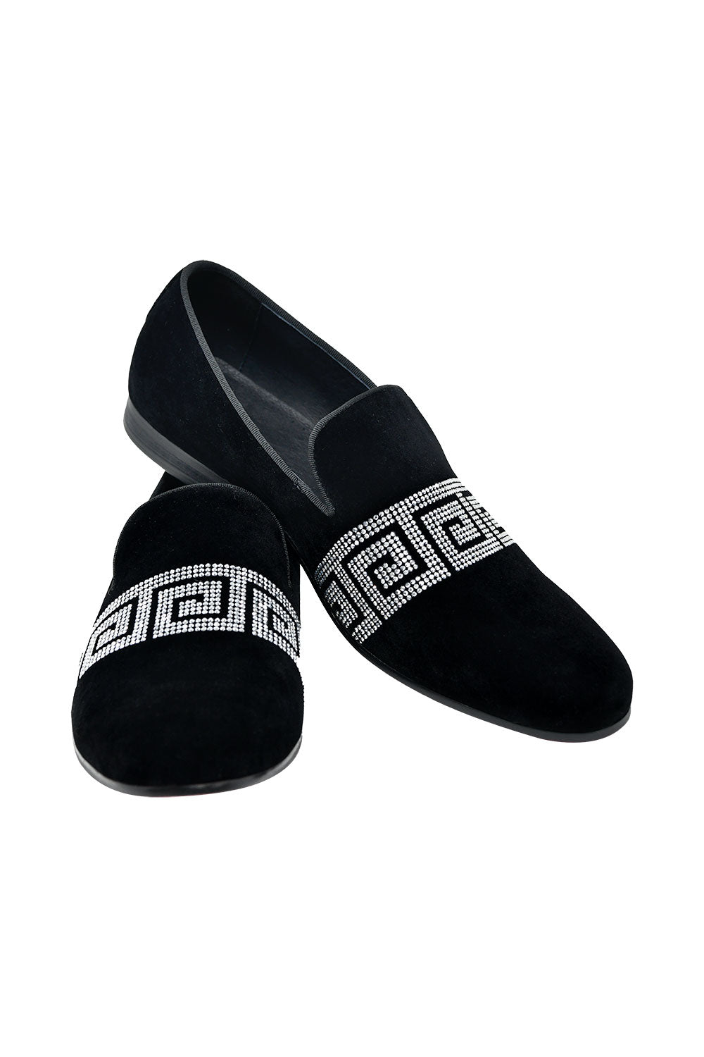 BARABAS Men's Rhinestone Greek key Pattern Slip On Dress Shoes SH3067 Black Silver