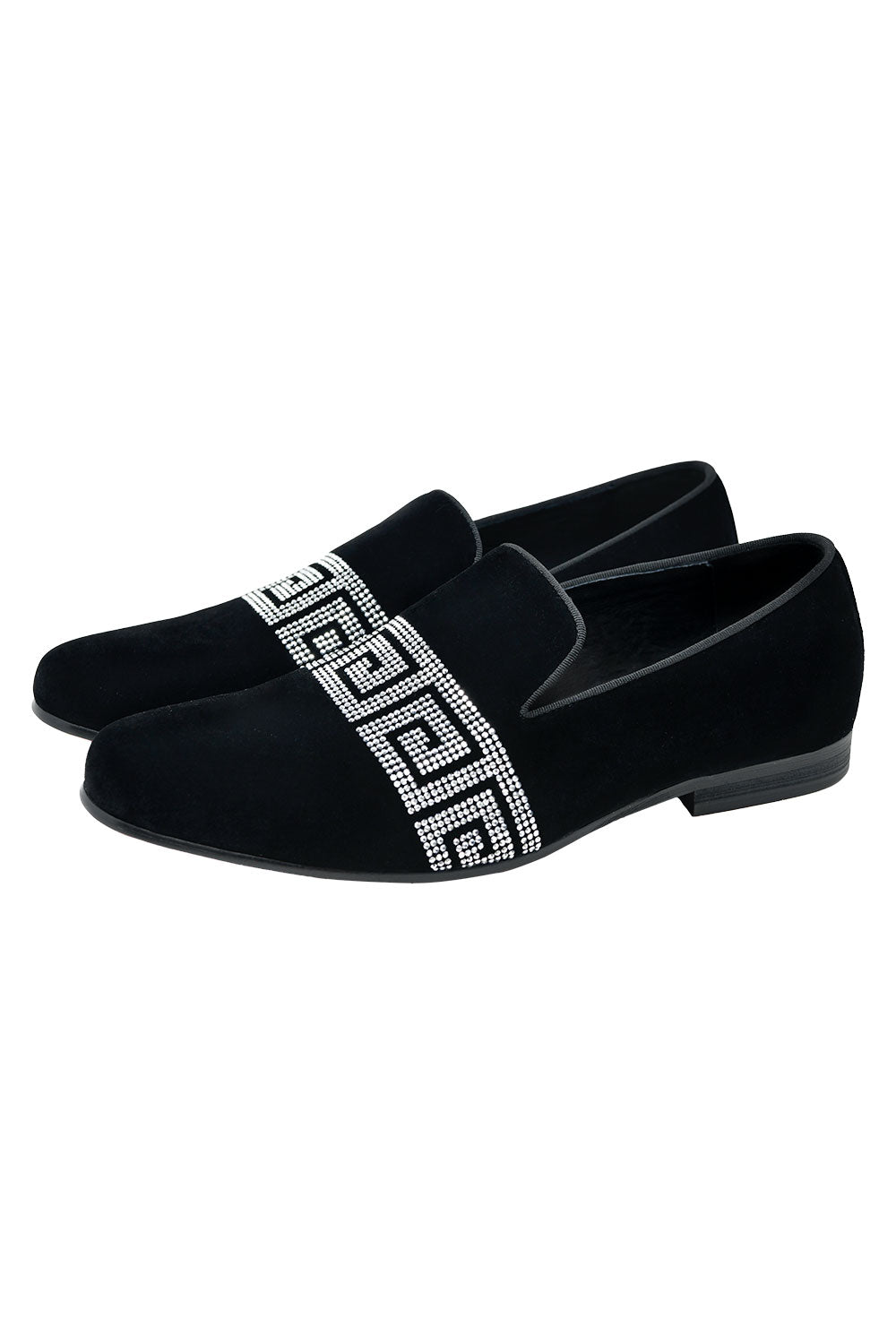 BARABAS Men's Rhinestone Greek key Pattern Slip On Dress Shoes SH3067 Black Silver