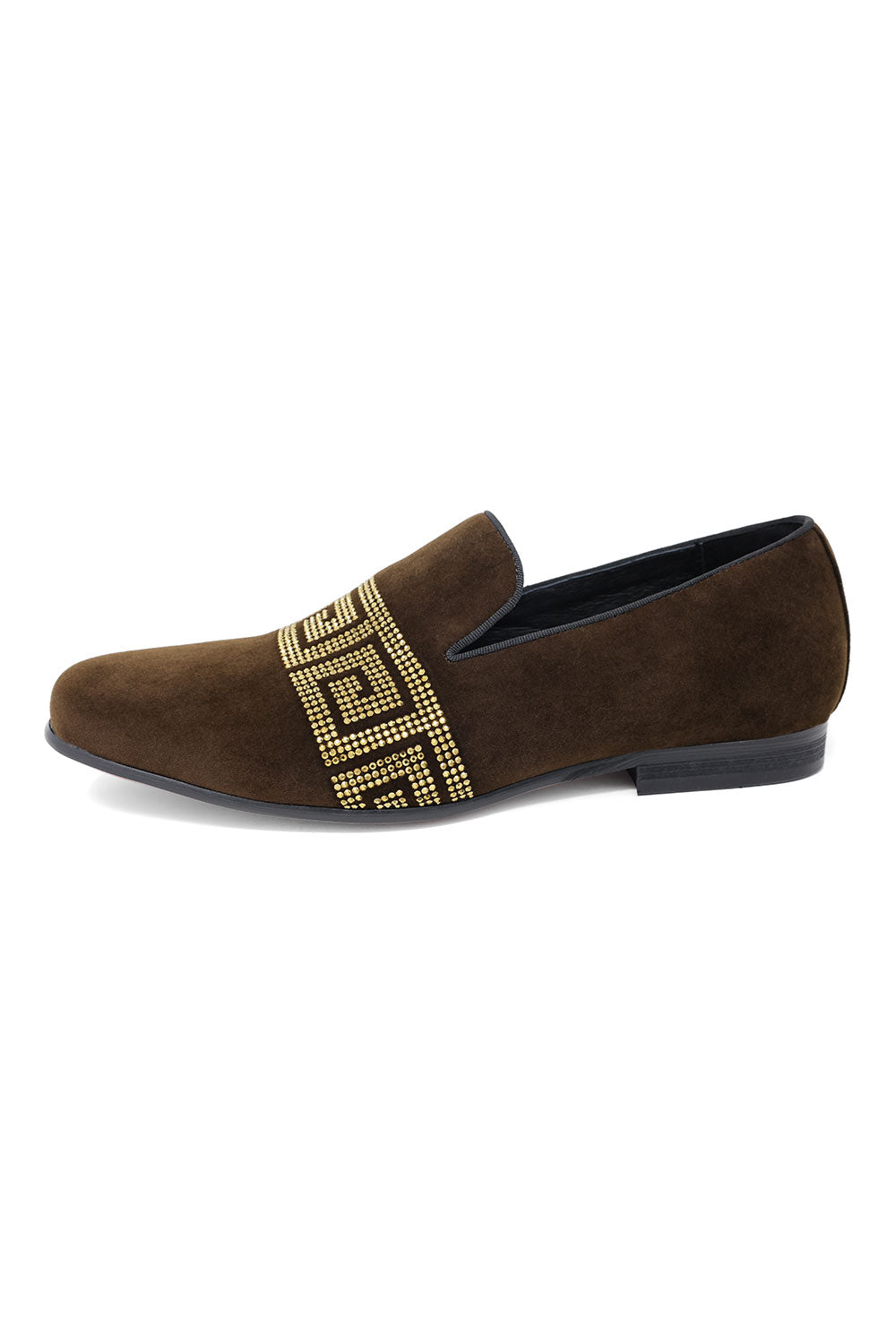 BARABAS Men's Rhinestone Greek key Pattern Slip On Dress Shoes SH3067 Brown Gold
