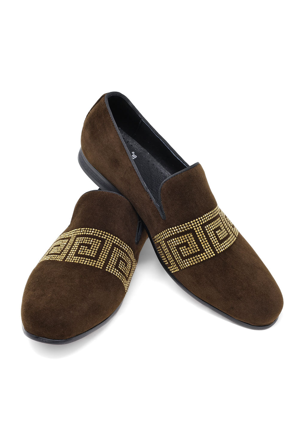 BARABAS Men's Rhinestone Greek key Pattern Slip On Dress Shoes SH3067 Brown Gold