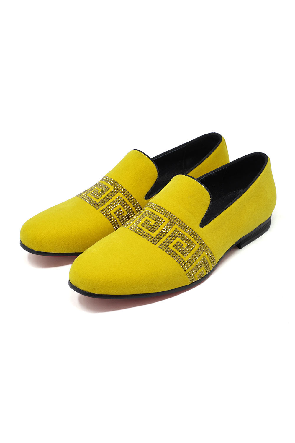 BARABAS Men's Rhinestone Greek key Pattern Slip On Dress Shoes SH3067 Mustard Gold