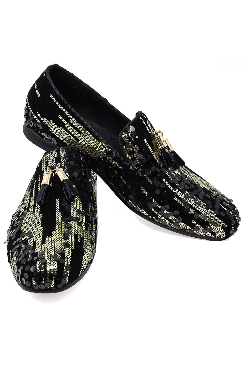 BARABAS Men's Rhinestone Sequin key Pattern Slip On Dress Shoes SH3073 Black and Gold
