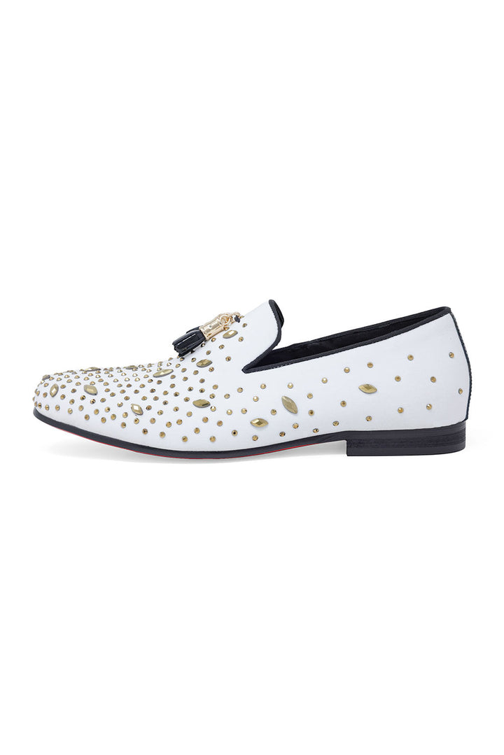 BARABAS Men's Rhinestone Dimond Tassel Loafer Dress Shoes SH3080SH3080 White Gold