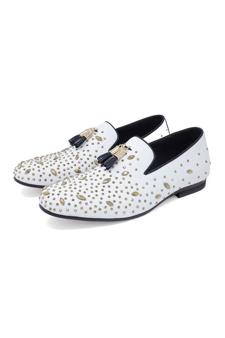 BARABAS Men's Rhinestone Dimond Tassel Loafer Dress Shoes SH3080 White Gold