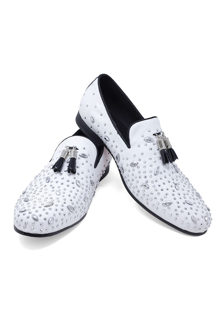 BARABAS Men's Rhinestone Dimond Tassel Loafer Dress Shoes SH3080 White Silver